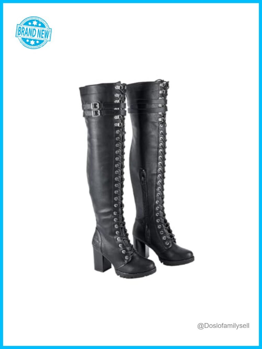 Faux Leather Over The Knee Thigh High Boots Lace Up Chunky Heel Biker